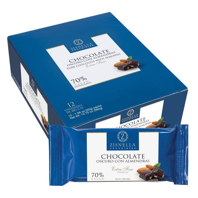 Zisnella Tabletas de Chocolate Oscuro Con Almendras 70% Cacao (30g)