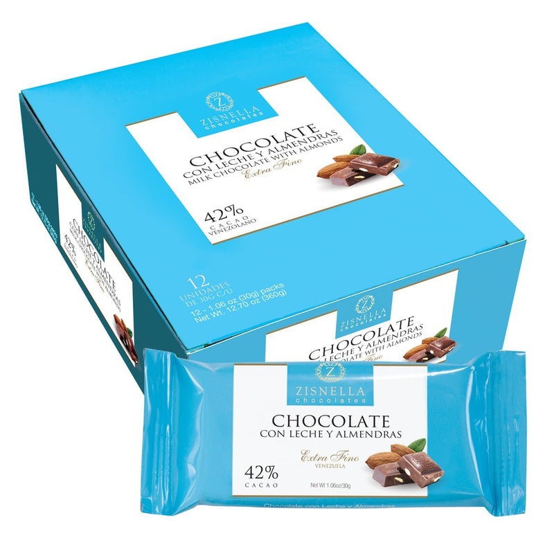 Zisnella Tabletas de Chocolate Con Leche y Almendras 42% Cacao (30g)