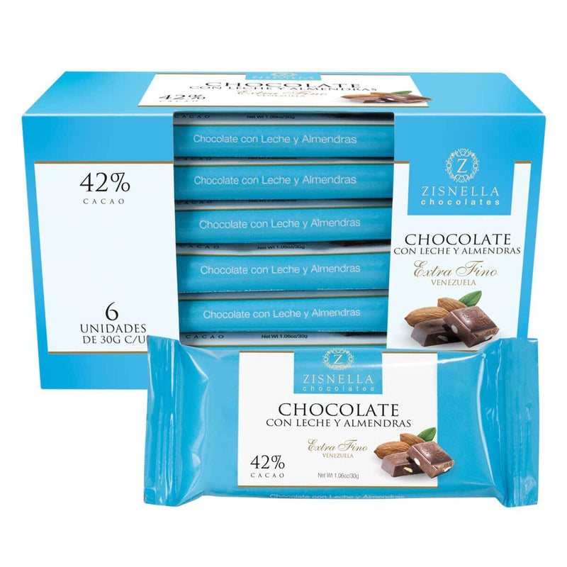 Zisnella Tabletas de Chocolate Con Leche y Almendras 42% Cacao (30g)